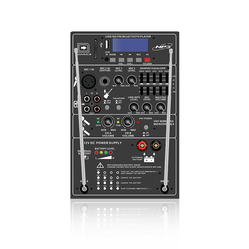 PL13-5EQ: Dois canais de microfone e controle de volume com módulo funcional de alto-falante recarregável de equalizador gráfico de 5 bandas