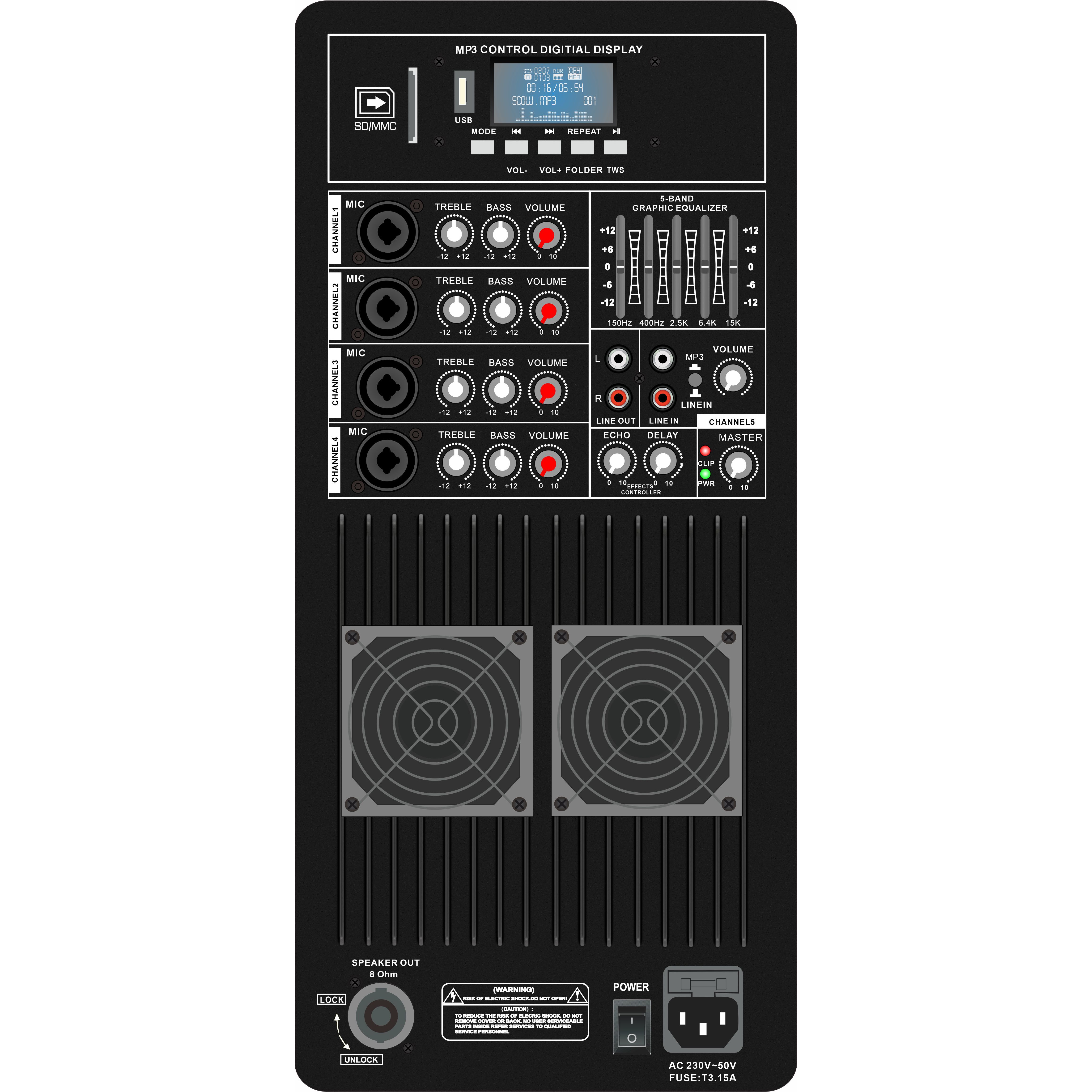 Amplificador de alto-falante PA multicanal Classe AB com equalizador PL83