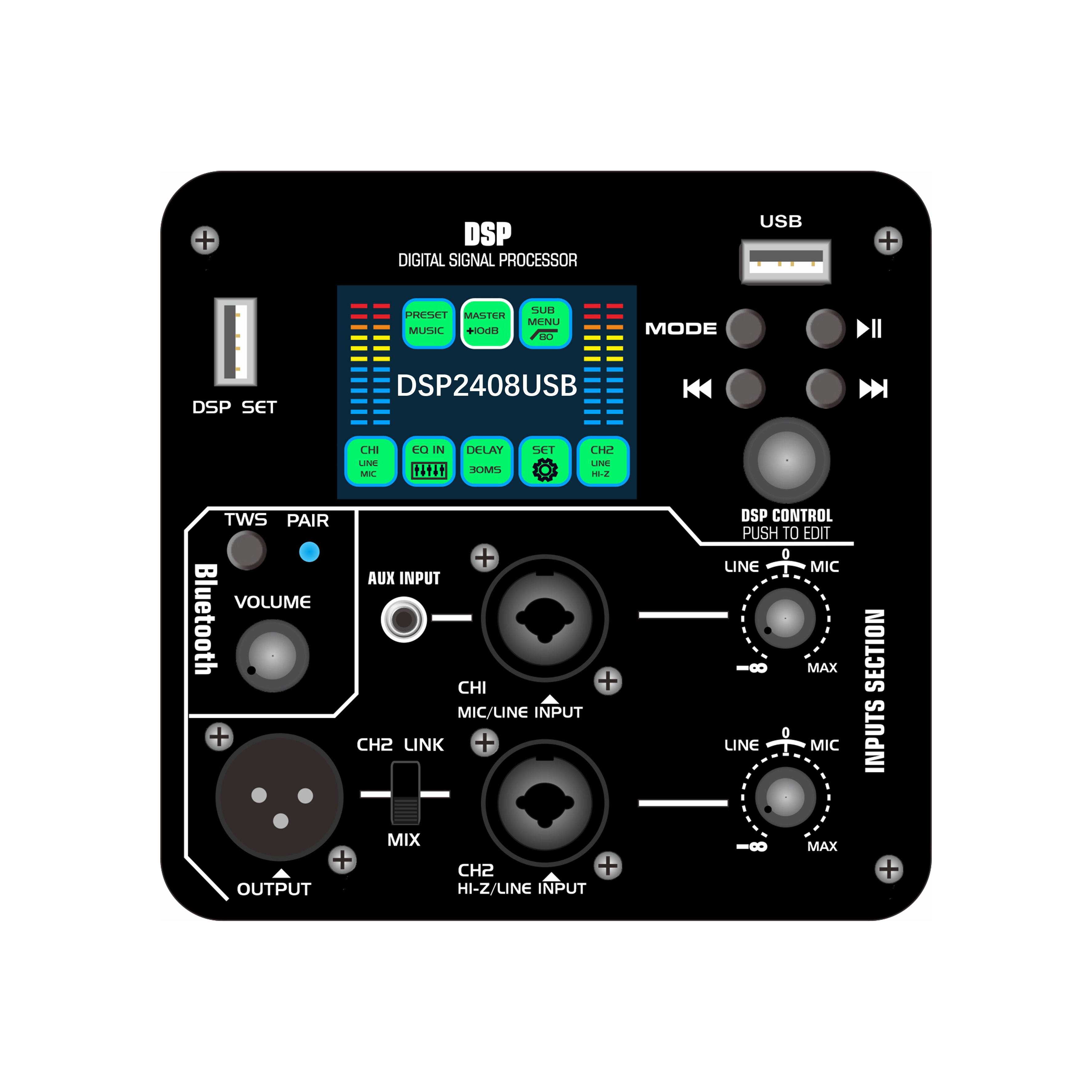 DSP2408USB Tela colorida DSP amplificador de potência ativo com função de reprodução de áudio de unidade flash USB